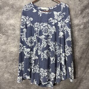 Peruvian Connection Swing Tee Top Womens M/L Blue White Floral Print Long Sleeve